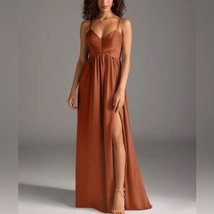 Azazie Alia bridesmaid gown NWT A6 Cedar Rose A-line Pleated Stretch Satin Dress